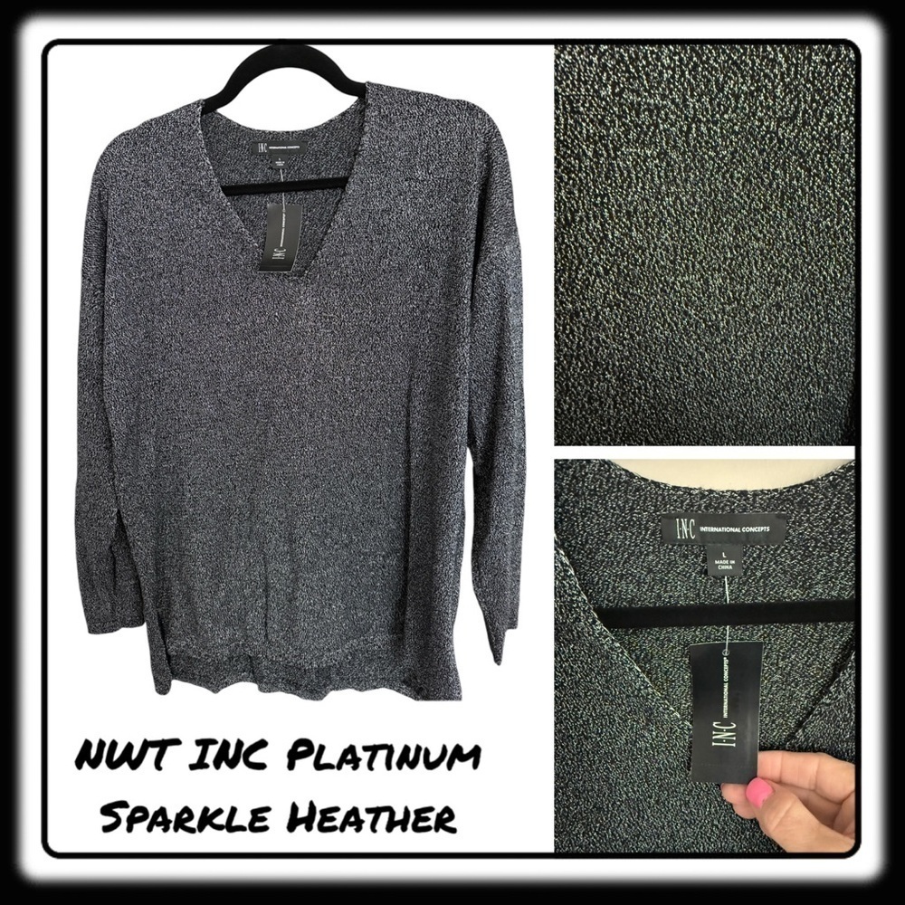 NWT INC Silver Sparkle Heathered V-Neck Sweater Large Get your “Shimmer On”